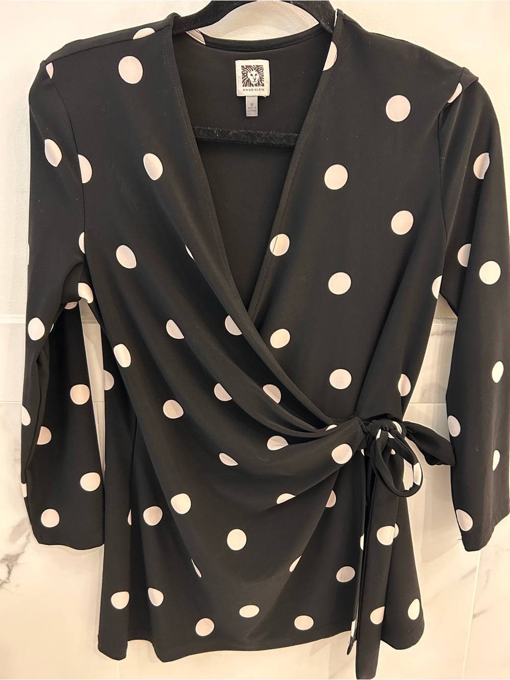 Anne Klein Black Polka Dot Wrap Top